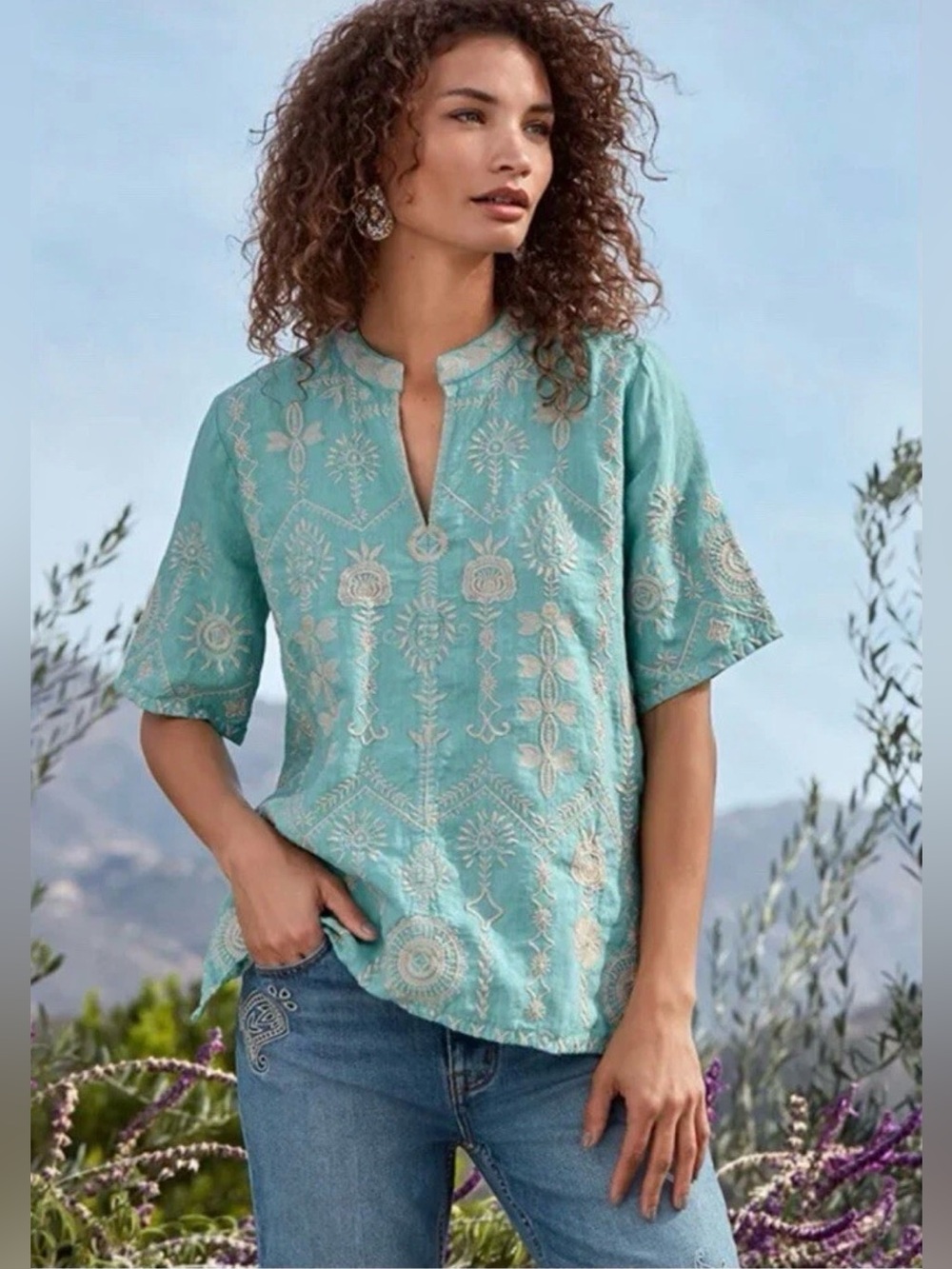 Johnny Was Makana Turquoise Easy V Neck Linen Blouse Top Summer Embroidered L